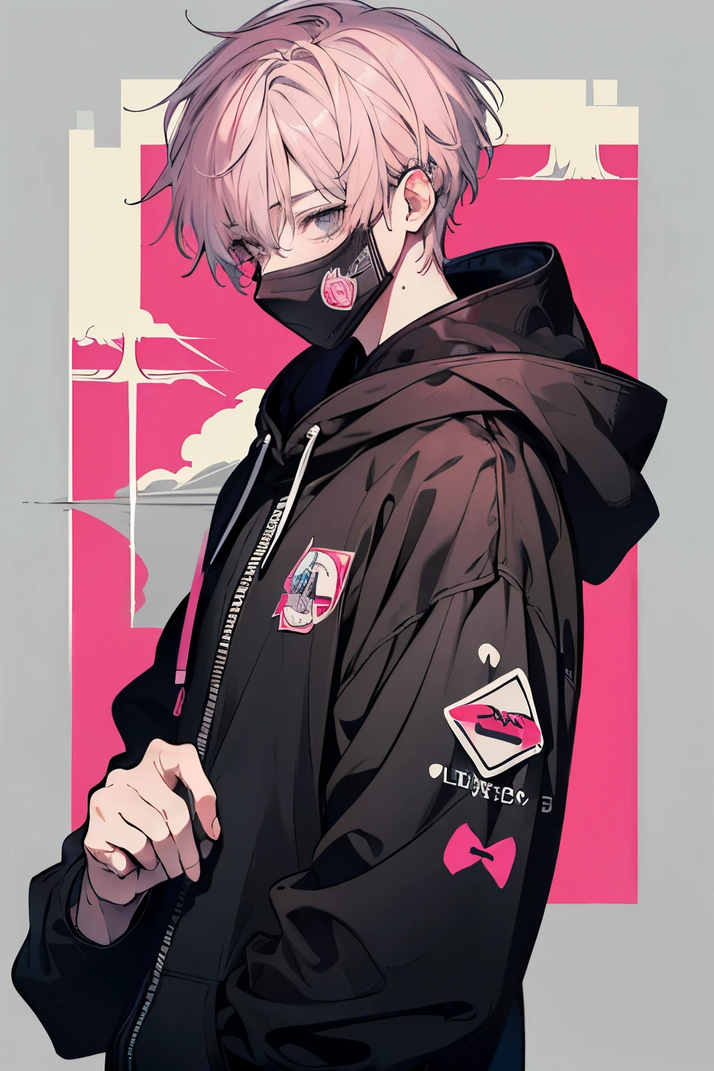 Beautiful young man, pink-haired, ((Gray eyes)),(short wave hair:1.2), Black mask, Black hoodie, Hood Up,High quality, amount of drawing, pixiv illustration,(keep out sticker:1.2),((Hold your hand out in front of you to cover the screen:1.1)).