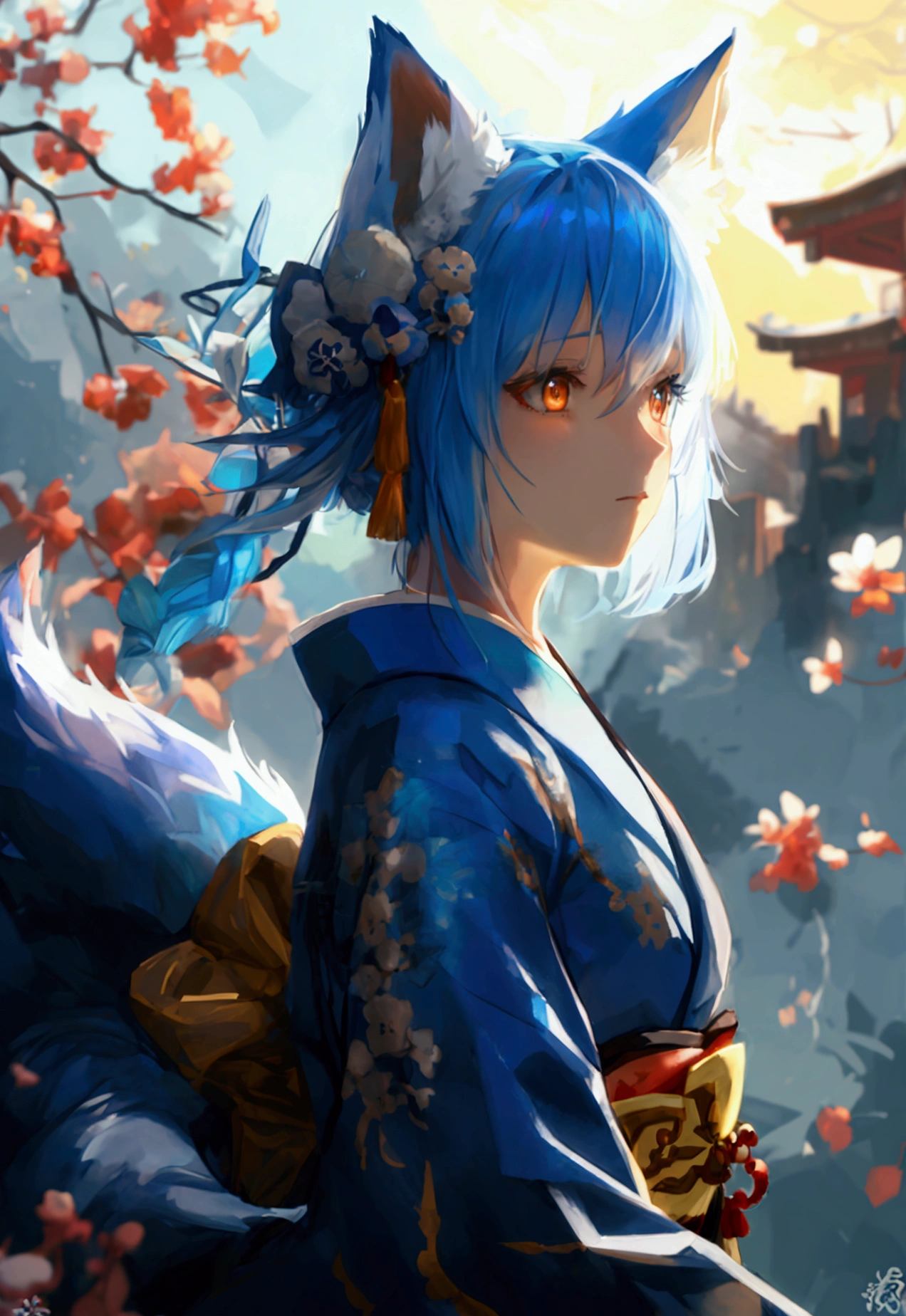 fox Light blue hair 　beast girl　indigo fur　fox beast girl　fox Light blue hair 　beast girl　indigo fur　fox beast girl　Wallpaper 4k,8k,highly detailled,,vivid colors,detailed kitsune with 9 tails,traditional Japanese artwork,tatami floor,beautiful cherry blossoms,floating lanterns,dark silhouette of a pagoda,subtle moonlight,dense forest,ethereal atmosphere,dappled sunlight,whimsical spirit,serene expression,elaborate kimono and obi,delicate hand-painted details,luminous eyes　Anime Style　fox　blue　White-faced golden-haired nine-tailed fox　Coat blue　　fox Light blue hair 　beast girl　indigo fur　fox beast girl　Anime Style　fox　blue　White-faced golden-haired nine-tailed fox　Coat blue　　　mysterious background　Blue Flame　girl　have a ball of light　fox Light blue hair 　beast girl　indigo fur　fox beast girl　mysterious background　Blue Flame　girl　have a ball of light Anime Style　fox　blue　White-faced golden-haired nine-tailed fox　Coat blue　　　mysterious background　Blue Flame　girl　have a ball of lightfox Light blue hair 　beast girl　indigo fur　fox beast girl　Anime Style　fox　blue　White-faced golden-haired nine-tailed fox　Coat blue　　　mysterious background　Blue Flame　girl　have a ball of light　fox Light blue hair 　beast girl　indigo fur　fox beast girl