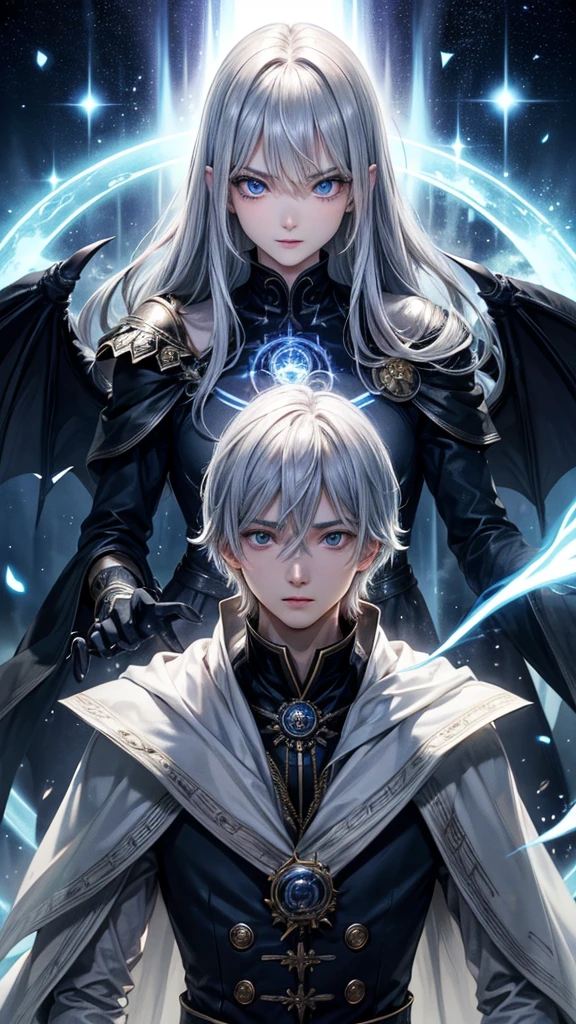 (Highest quality,Very detailed,High resolution:1.2),One adult male,Silver Hair,The most beautiful young man in human history,(1 photo from the front)、Dark blue eyes (Dark blue eyes:1.1),さみし気なaura(aura:1.1),(mysterious,Ghostly:1.1) atmosphere,Looks like half a demon,(Demonic traits,Demonic traits),(Elaborate,wonderful) ,Strong body、Shortcuts、Use magic、auraが漂う、Cape、Powerful、Confident expression、Bright sky、Earth、Are standing