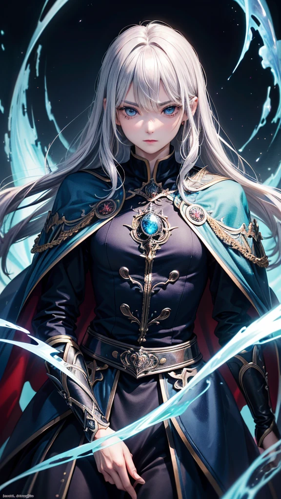 (Highest quality,Very detailed,High resolution:1.2),One adult male,Silver Hair,The most beautiful young man in human history,(1 photo from the front)、Dark blue eyes (Dark blue eyes:1.1),さみし気なaura(aura:1.1),(mysterious,Ghostly:1.1) atmosphere,Looks like half a demon,(Demonic traits,Demonic traits),(Elaborate,wonderful) ,Strong body、Shortcuts、Use magic、auraが漂う、Cape、Powerful、Confident expression、Bright sky、Earth、Are standing