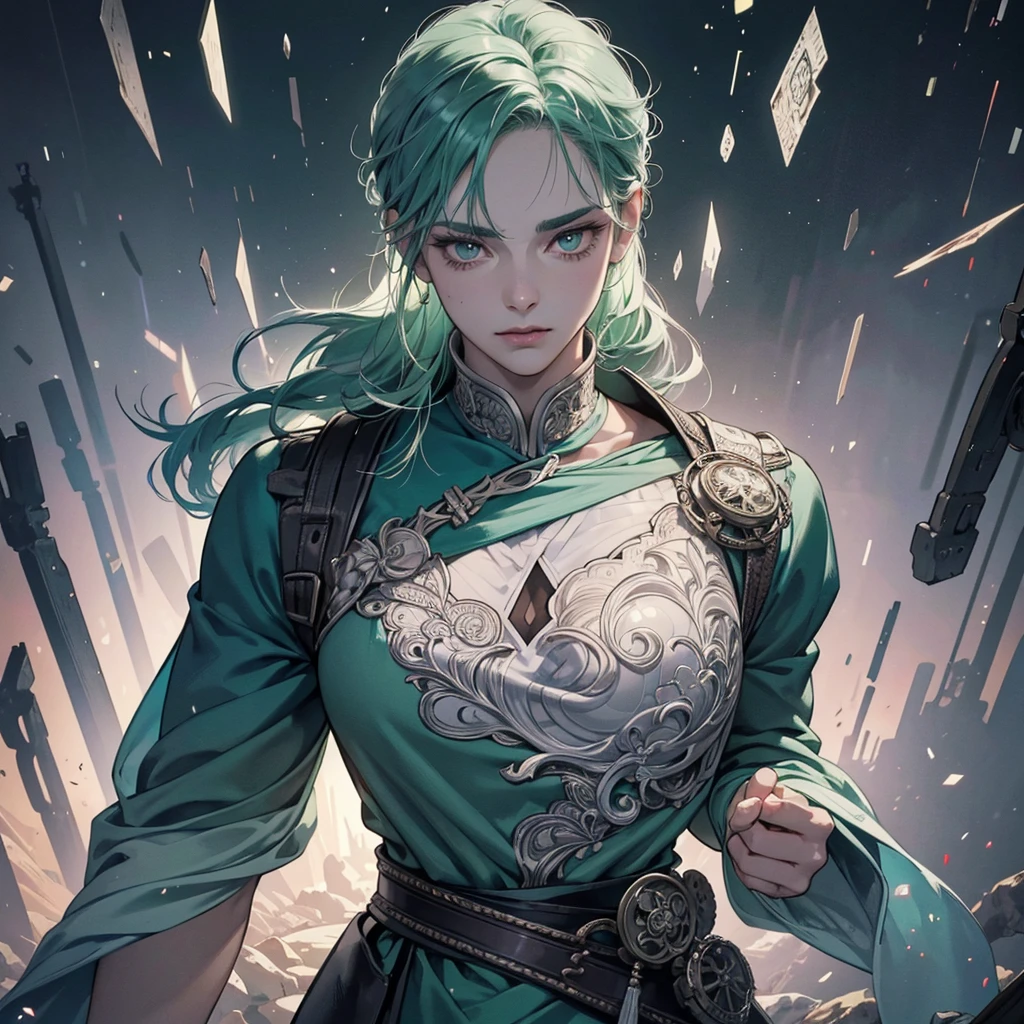 hA full-length, 1 handsome roronoa zoro, manly , handsome,, filigree, reflective eyes, gray eye, green hair, white eyelash, rim lighting, lights, detailed eyes. magic, surreal, fantasy, digital art, wlop, artgerm and james jean, ultra hd, realistic, vivid colors, highly detailed, UHD drawing, pen and ink, perfect composition, beautiful detailed intricate insanely detailed octane render trending on artstation, 8k artistic photography, photorealistic concept art, soft natural volumetric cinematic perfect light, sf, intricate artwork masterpiece, ominous, smooth shadows, eerie seduction, silver moonlight rendered, bold contrasts. fine light, masterpiece, super detail, epic composition, ultra HD, high quality, 32k