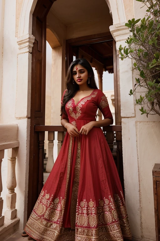A beautiful indian woman (age 20) wearing a beautiful anarkali dreess standing in a balcony in afternoon, her eyes ar beautiful she applied red lipstick on her face , her skin colour fair , her face shape is round her figure is slim