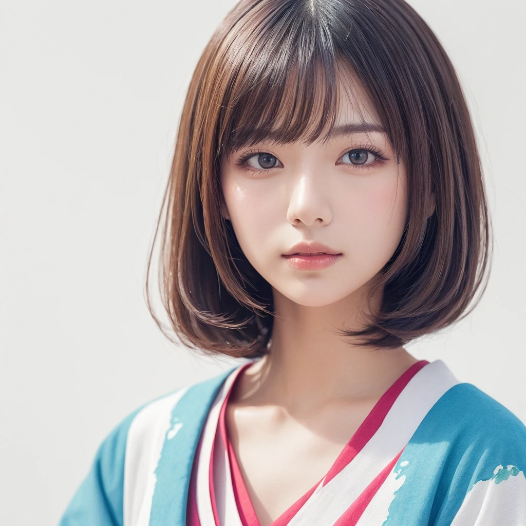 Woman in Japanese clothing, face, white background, watercolor touch, colorful, hair color is white