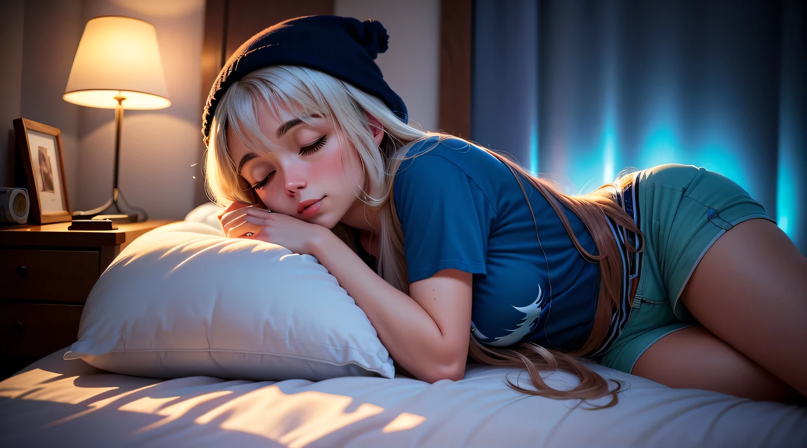 Imagine um suave, comforting illustration of a cute girl was sleeping in a comfortable bed, Olhos fechados, camiseta azul. Long flowing hair. Quarto escuro, except for the soft light emanating from a bedside lamp near the bed, That casts a warm glow on your peaceful face. Pela janela entreaberta, A noite estrelada se estende, lua cheia, creating a magical contrast between the peaceful interior and the mysterious outside world. As cortinas de luz movem-se ligeiramente com a brisa noturna, adicionando um toque de movimento a esta cena tranquila.