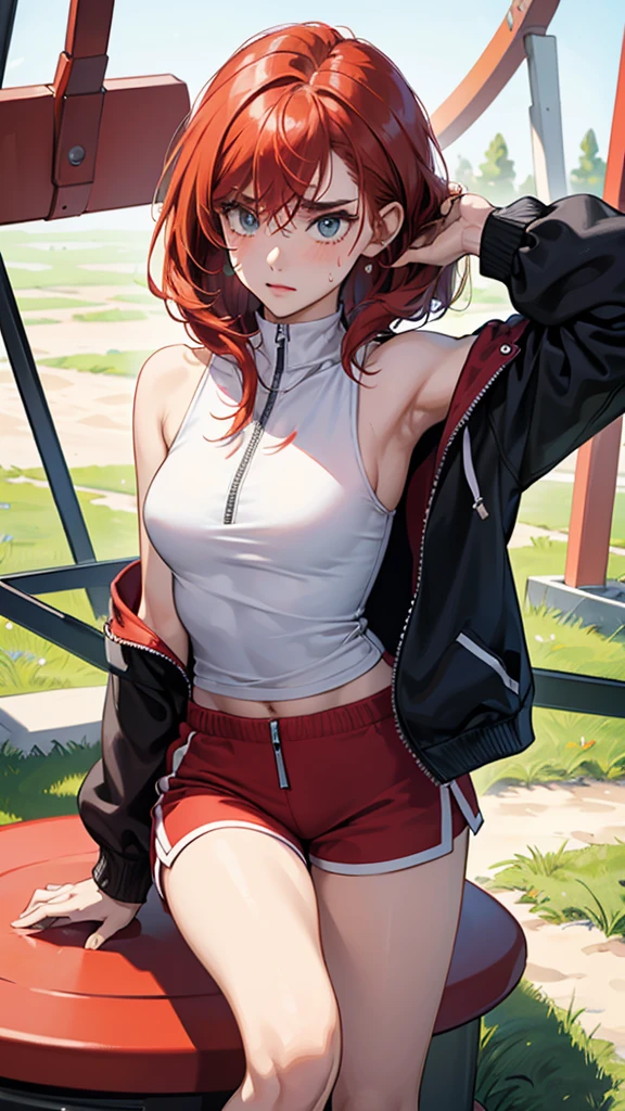 ,{{masterpiece}}, {{{Highest quality}}},{{Very detailed}},{{Reddening with anger}},{{V-shaped eyebrows}},{{shape}},{{expensive}},{{Adult woman sweating with fatigue}},{{Flared Shorts}},{{White sleeveless zip hoodie with an open neckline}} Red Hair Bob Small breasts expensive The body is slim Thin legs Grass playground clavicle Décolletage Wristband Forward bendingみ Forward bending Waiting for warm-up to start