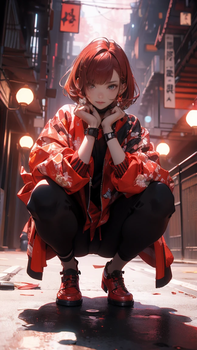 (masterpiece:1.2), best quality,CG,3d, samurai girl,
1 sister, Red Eyes, Ear nipple rings, Solitary, hair color, Jewelry, Looking at the audience, Fuzzy, Full body female, By Bangs, Red hair clothes, jacket, Squat, Fuzzy的背景, collar, Short hair details, Long sleeve, Red nails, Residence, Red footwear, Floral scent, Red Top, Striped hair,Samurai sword
