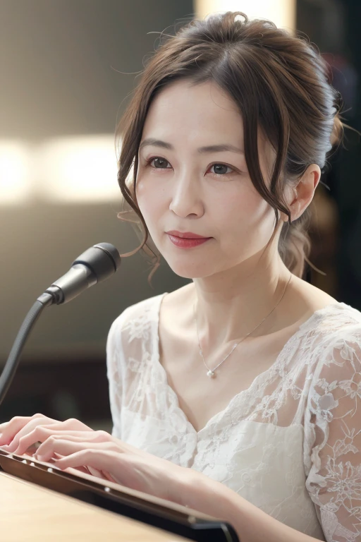 a mature 55 year old beautiful japanese woman, married woman, delicate features, long eyelashes, sparkling eyes, low ponytail, red lipstick, elegant, gorgeous appearance, pearl necklace, beautiful dress, gracefully playing piano, (best quality,4k,8k,highres,masterpiece:1.2),ultra-detailed,realistic,photorealistic,photo-realistic:1.37,HDR,UHD,studio lighting,ultra-fine painting,sharp focus,physically-based rendering,extreme detail description,professional,vivid colors,bokeh,portrait