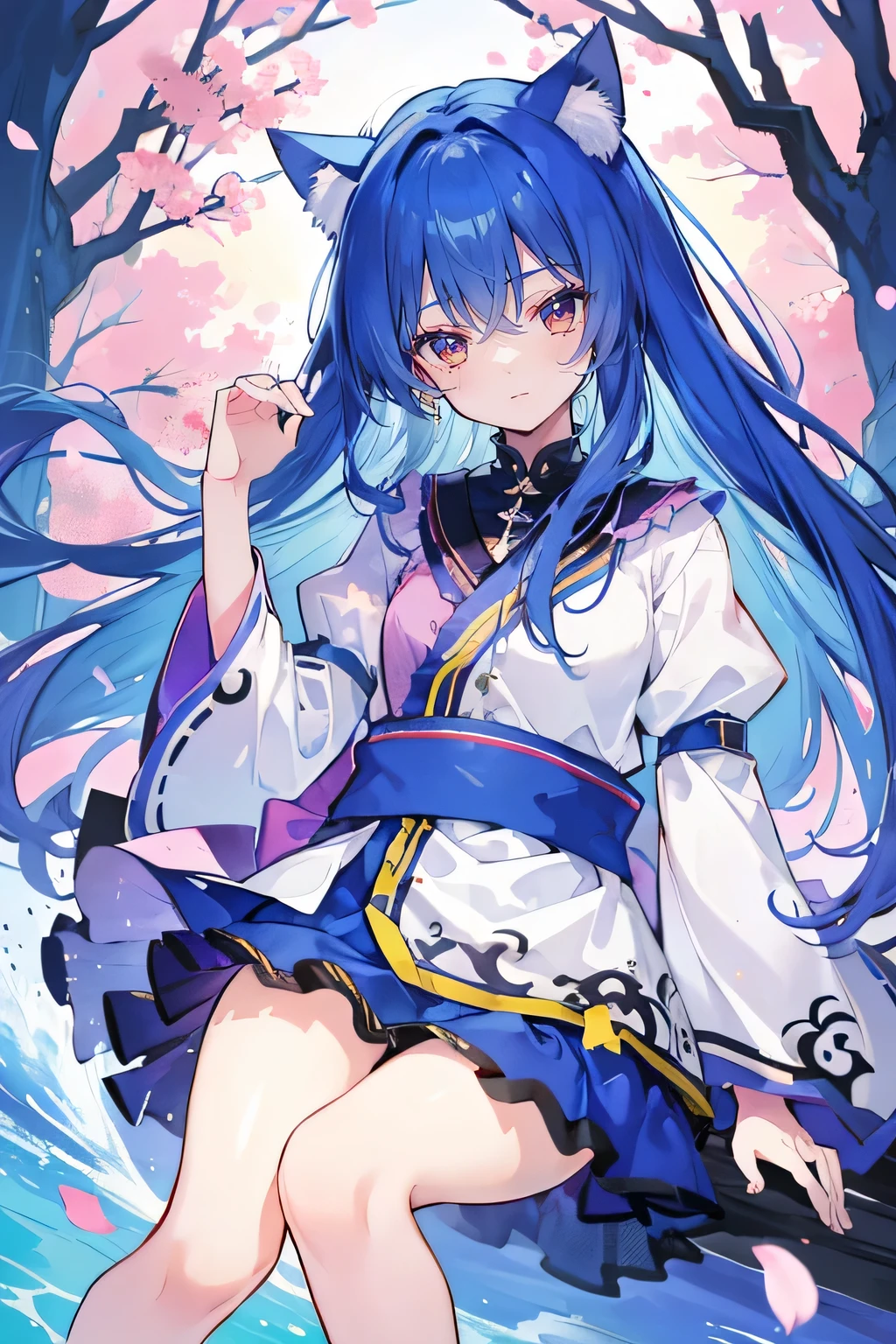(masterpiece:1.2),Super detailed,lifelike,Expressive eyes,fair skin,perfect face shape,1 girl,
Japanese comics,Gorgeous blue hair,flowing blue hair,flowing clothes,Cat ears,Petals fall,beautiful lola,Baby Angel,
Shaking head with one hand,Cross your legs,,The pavilion is cool and comfortable,smile,back views,sunrise,Petals fall,sunrise