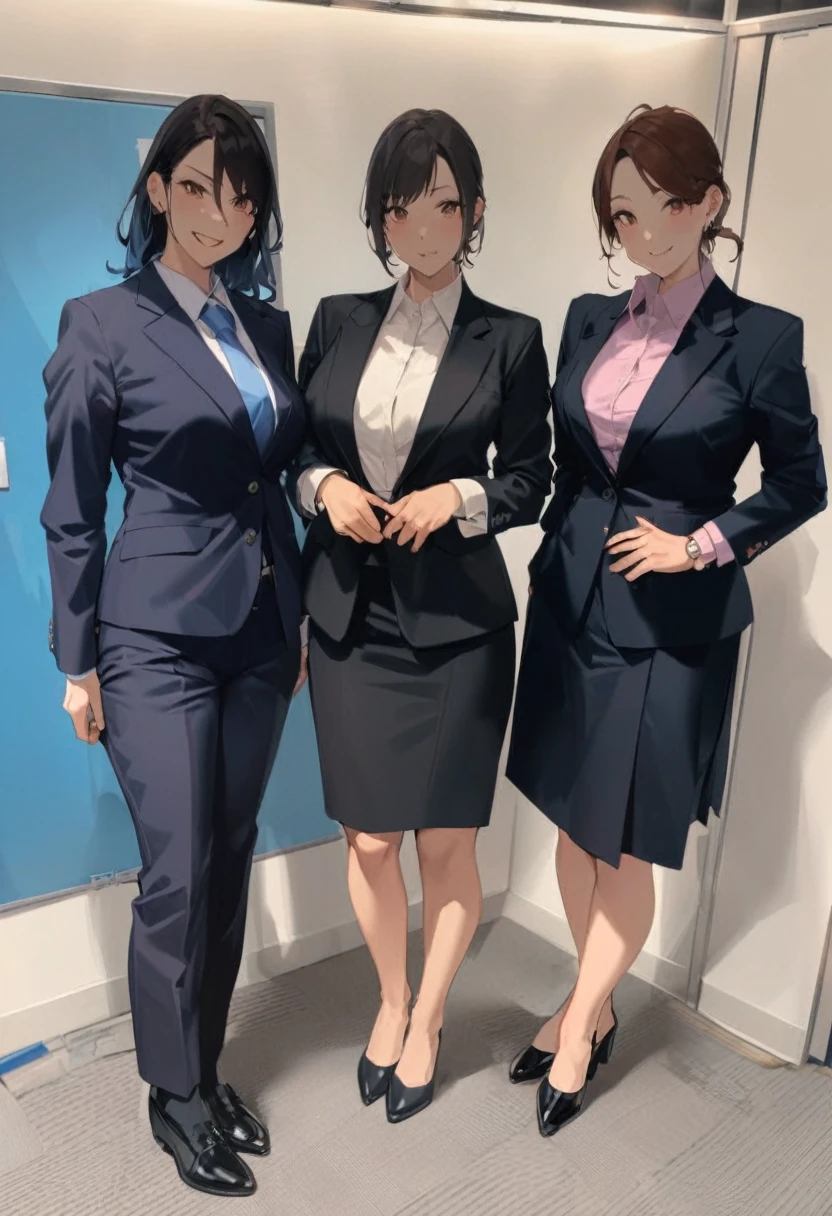 Three women in business clothes posing for a photo in a room, wearing suit!, 厳格なsuitで, 厳格なビジネスsuitを着ている, 厳格なsuitを着た, Office Clothes, wearing a suit, JK Uniform, Work clothes, Full Cosplay, suit, ビジネスsuitを着用する, ビジネスsuitを着て, suitを着た女の子, Professional Cosplay, ビジネスsuitを着ている, suitを着た女の子