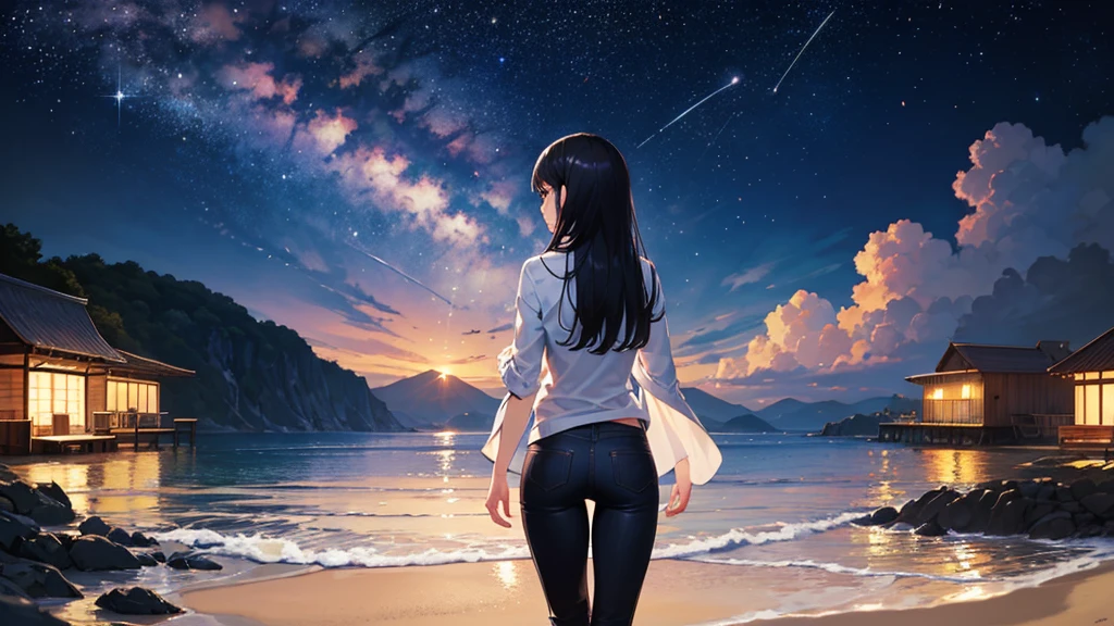 masterpiece, Highest quality, 1 girl, Back view、Long black hair,、Navy Blue Pants、Farsightedness、Beach at night、universe、shooting star、Stardust