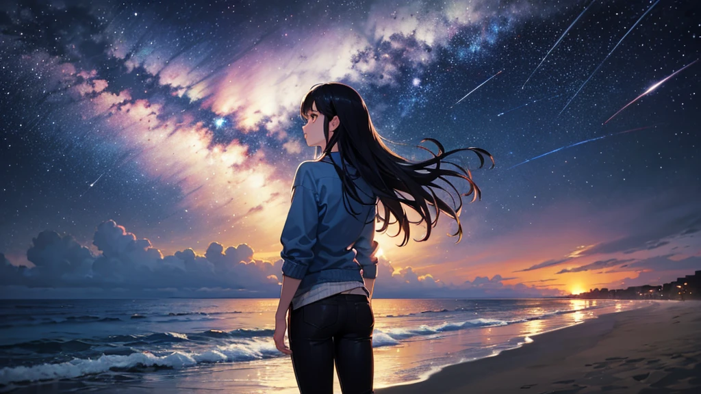 masterpiece, Highest quality, 1 girl, Back view、Long black hair,、Navy Blue Pants、Farsightedness、Beach at night、universe、shooting star、Stardust