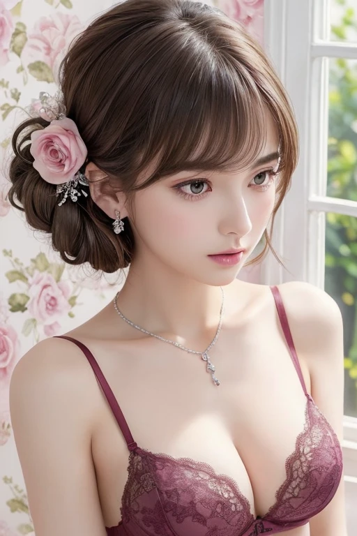 Dark pink lace thong bra, (((Very elegant and beautiful, Perfect detail, Very detailed))), whole body, The most detailed girl, Written boundary depth, 美しく詳細なwhole body, Thin legs, 1 girl, 30 years old, Very short hair, Spiked Hair, Gray and silver hair, Beautiful detailed hair, Perfect Face, Expressionless, Beautiful, detailed, deep eyes, Please open your mouth a little, Delicate arms and hands, Pale skin, Earrings, Beautiful and gorgeous necklace, Colorful background, HD background, Blurred Background, Very delicate and beautiful, masterpiece, (((Highest quality, Very beautiful 8K CG wallpaper))), (((Trendy hairstyles))), (Inside the room,Stylish interior,window),