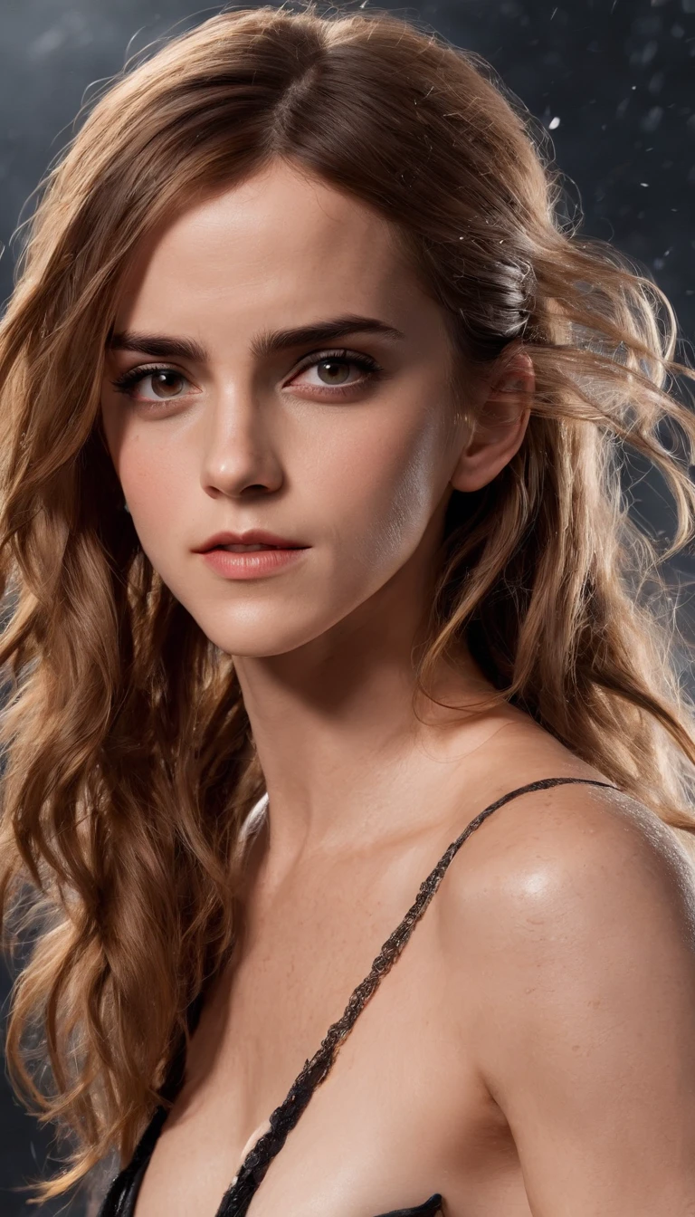 Emma Watson, (wet skin:1.5), no bra, pokies, (Sexy Slit Dress) fluffy, low cut neckline, seductive, cowboy shot, 8k, (very thin waist:1.3), bare breasts, big breasts, (breast tall:1.5) (Long Hair:2.0), ((Noah 2014 fantasy film background)) soft skin, long hair blowing in the wind