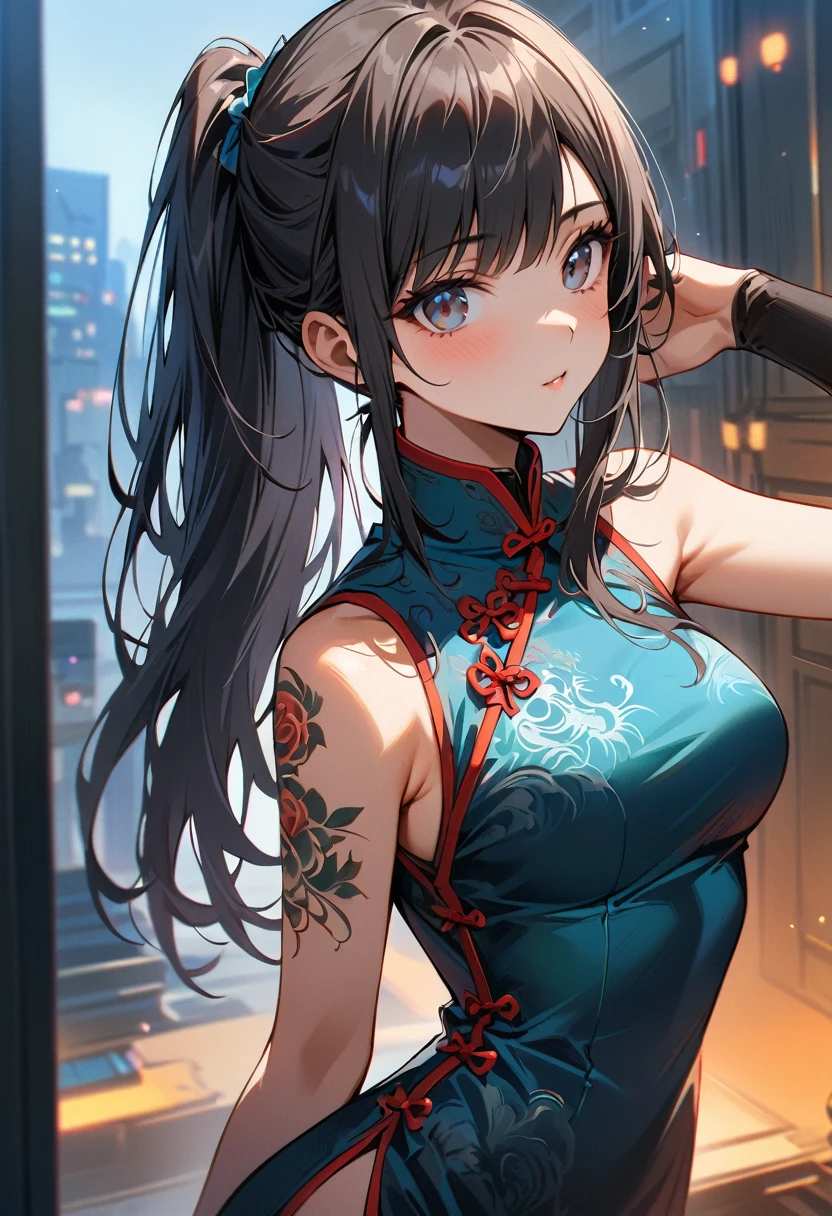 Young girl black hair black eyes cyberpunk high quality masterpiece high detail half body photo Chinese style with tattoos wearing cheongsam