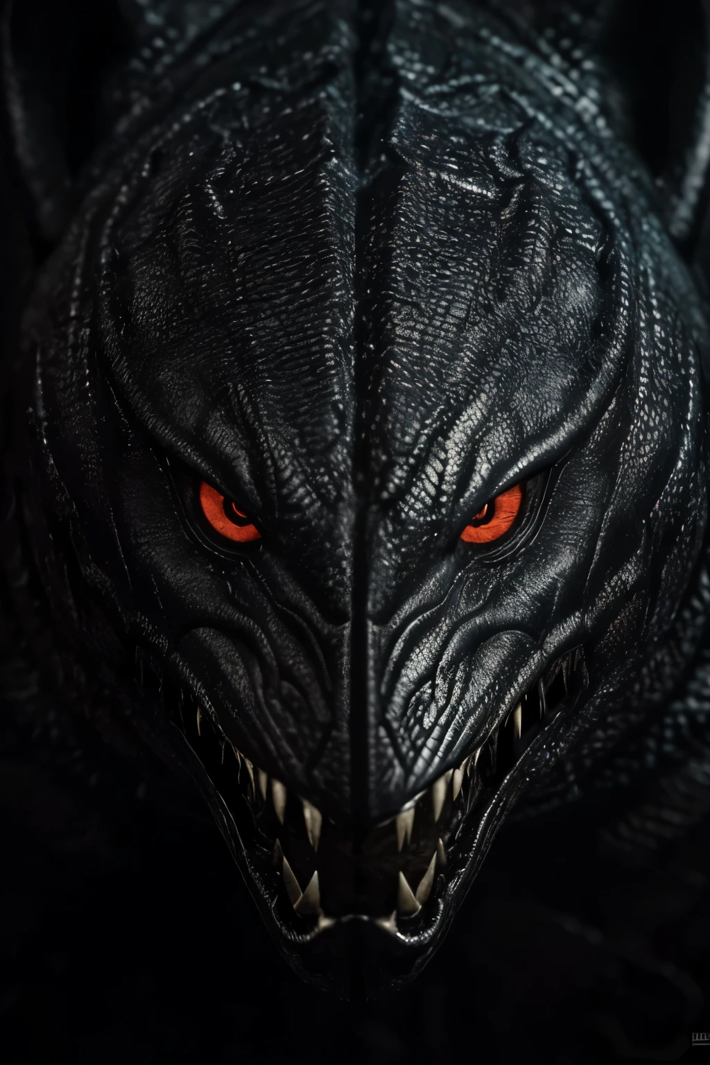 A mystical creature shrouded in darkness, with piercing red eyes glowing ominously, emerges from the depths in a captivating close-up shot. The layer features a balanced dark theme, with no background to distract from the ominous creature's detail. The creature's scaly skin is heavily textured, revealing intricate patterns that hint at its mythical origins. The close-up shot allows for a detailed examination of its sharp fangs and menacing claws, adding to its sinister allure. This image is crafted in a dark theme, with a focus on the creature's striking features and a subtle highlight that adds depth and drama. The overall effect is a haunting