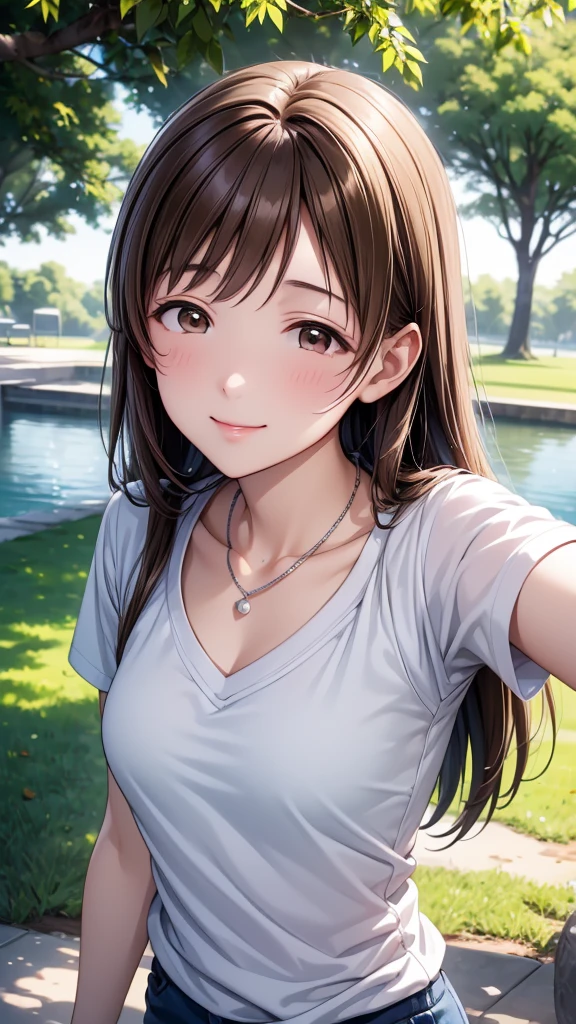 Highest quality、high resolution、High definition、HD、sports gym、(Nitta Minami、Long Hair、Medium chest、Brown Hair、Brown eyes、Glossy lips、Glowing Skin、Realistic skin texture、White blouse、necklace、A walk in the park、Date)、Love me、Stretch out your arms towards me、blush、Open your mouth、smile)、(Depiction of only the upper body、Close to me)