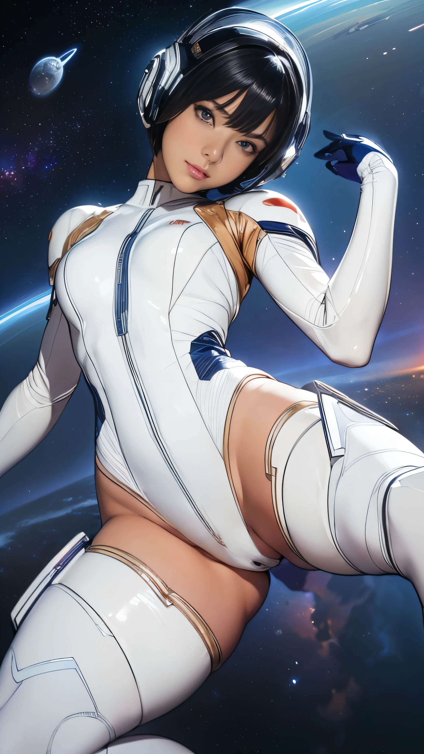(masterpiece、highest quality、highest resolution、clear_image、Detailed details): (full body figure、15 year old girl、Japanese face、small face、thin、navy blue super short bob cut hair、blue colored eyes、((navy long sleeve space suit、space helmet))、headset、cosmic handbag、cute type、gentle smile、soft expression、headset、(((knee high boots)))、gloves up to the elbow、eye level shot、face directly、woman on a spaceship), (((camel toe))), ((Pure white leotard))