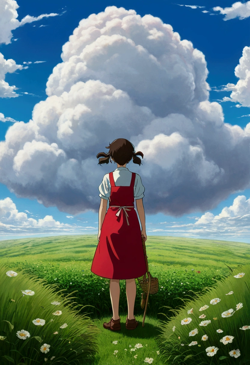 heaven,cloud,Exterior,I,she,Grass is overgrown,,cloudy sky,petal,Are standing,Red Apronを着た女性がBackwardsにAre standing、Therru from Tales from Earthsea、Ghibli style、Red Apron、Backwards