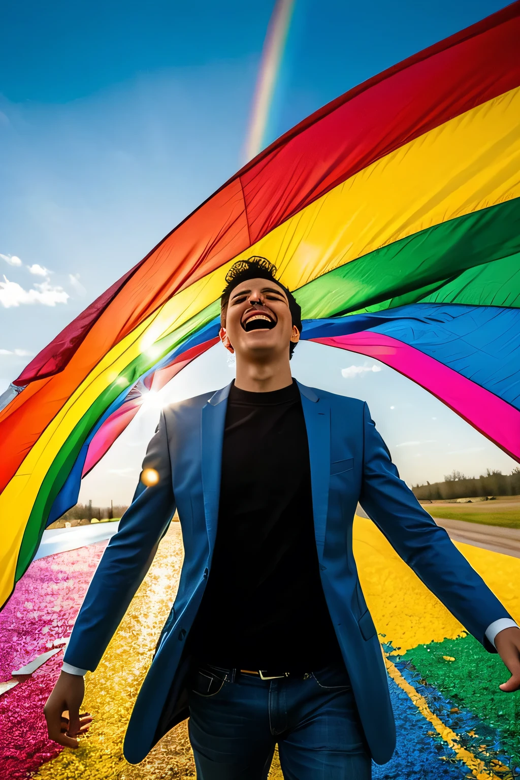 ((Best Quality)), ((masterpiece)), (detailed), 1 person celebrating after having overcome his failure in a place of many rainbow colors