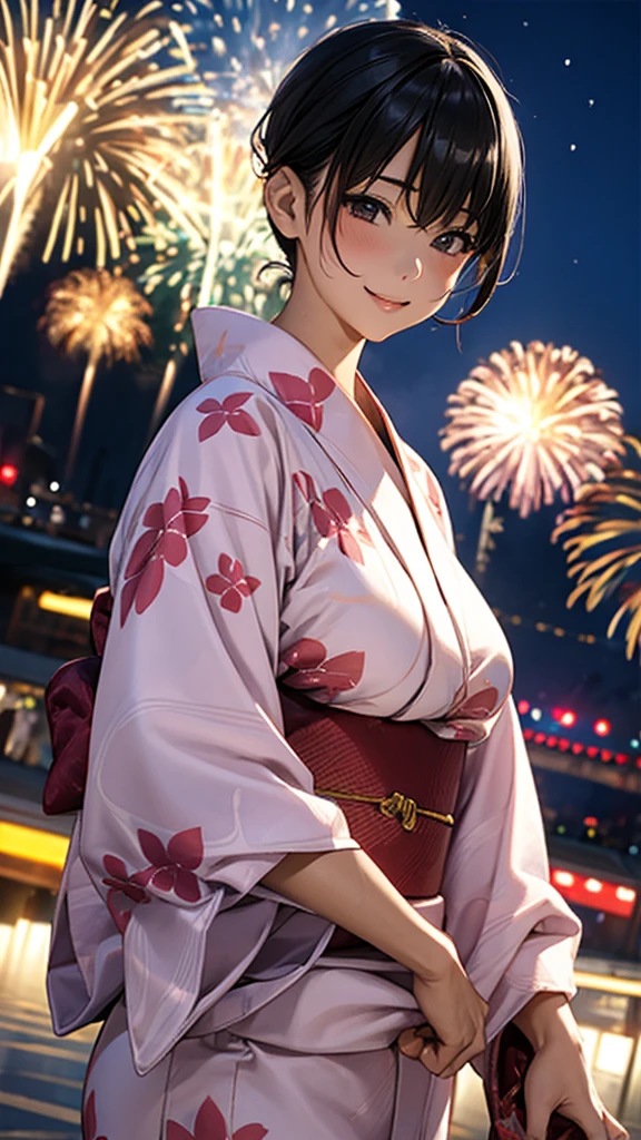 30 years old、Adult Woman、night、festival、Fireworks display、A happy look、、Large Breasts、yukata、tits 、tits 谷間をアピール、Nearby bystanders、Please change the angle randomly.、
