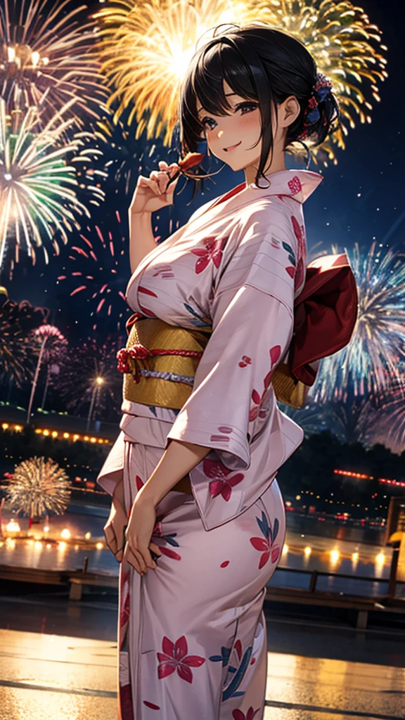 30 years old、Adult Woman、night、festival、Fireworks display、A happy look、、Large Breasts、yukata、tits 、tits 谷間をアピール、Nearby bystanders、Please change the angle randomly.、