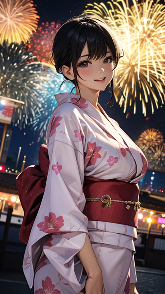 30 years old、Adult Woman、night、festival、Fireworks display、A happy look、、Large Breasts、yukata、tits 、tits 谷間をアピール、Nearby bystanders、Please change the angle randomly.、