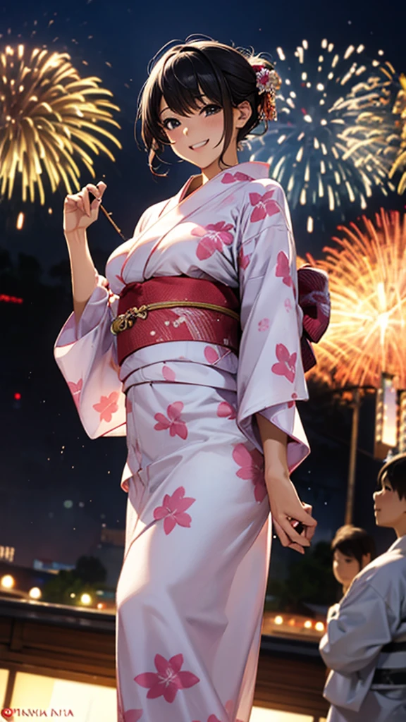 30 years old、Adult Woman、night、festival、Fireworks display、A happy look、、Large Breasts、yukata、tits 、tits 谷間をアピール、Nearby bystanders、Please change the angle randomly.、