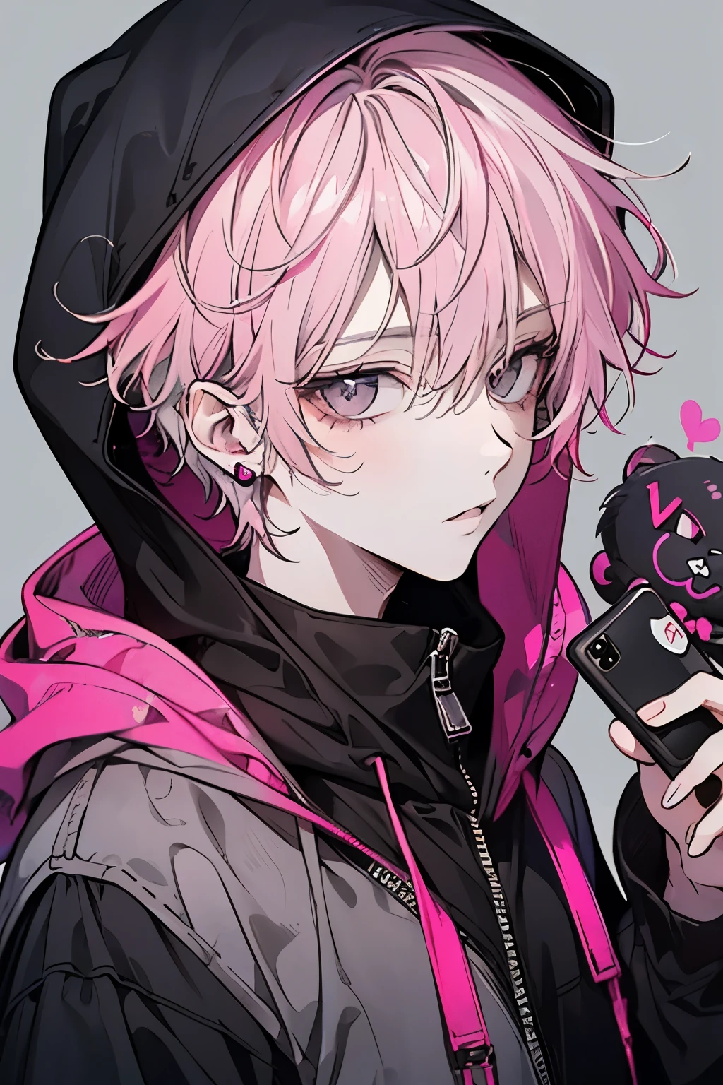 Beautiful young man, pink-haired, ((Gray eyes)),(short wave hair:1.2), Black mask, Black hoodie, Hood Up,High quality, amount of drawing, pixiv illustration,(keep out sticker:1.2),((Selfie pose:1.1)).