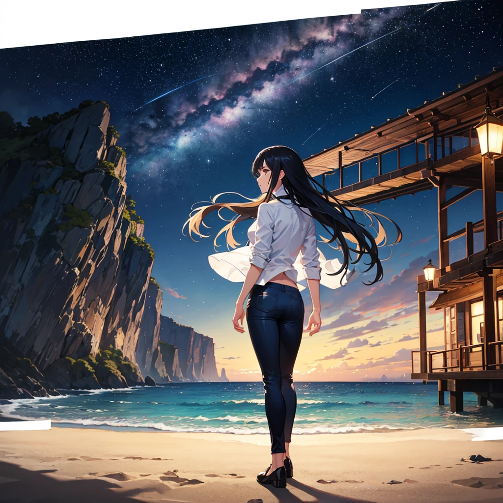 masterpiece, Highest quality, 1 girl, Back view、Long black hair,、Navy Blue Pants、Farsightedness、Beach at night、universe、shooting star、Stardust