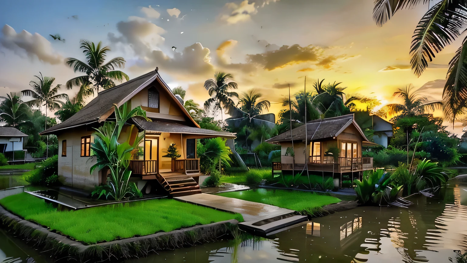 outdoortropicalhouse  little house  on riverside, garden, rice field, gold fish, coconut tree, dawn, chicken, tomato, tropical, dim light, 