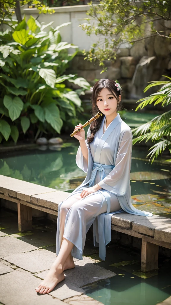 Second Dimension, Ancient style, Spring Garden, Outdoor, Gray Hair, Hanfu, nature, There is a pond in the middle of the courtyard, Begonia floating in the pond, Girl sitting on a bench in the hallway, Wearing a transparent feather robe, Holding a bamboo flute, Random posture, Intricate details, Highest quality, Ray Tracing, rendering, 8k, masterpiece