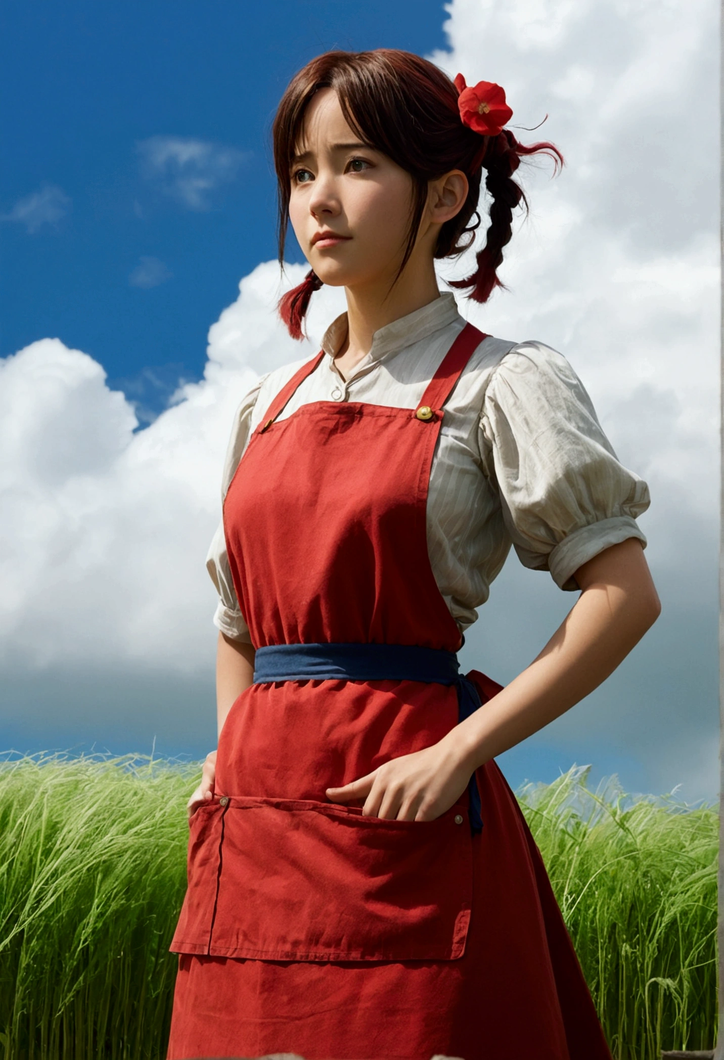 heaven,cloud,Exterior,I,she,Grass is overgrown,,cloudy sky,petal,Are standing,Red Apronを着た女性がBackwardsにAre standing、Therru from Tales from Earthsea、Ghibli style、Red Apron、Backwards、Pigtails hairstyle