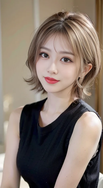 blush a little and smile, (Top quality masterpiece:1.2) Delicate illustrations, Very detailed, /Beautiful Japanese Woman、1 person,Very cute and slim、Great style 、((8k images、super high quality))、Very delicate face, Big Breasts、Skin and Hair、beautifule forehead、Red lipstick、(((((short hair、Blonde、lure))))),Very cute Japanese cut face、Eyes and nose are clearly visible、Kind eyes,((((Black sleeveless fashion))))