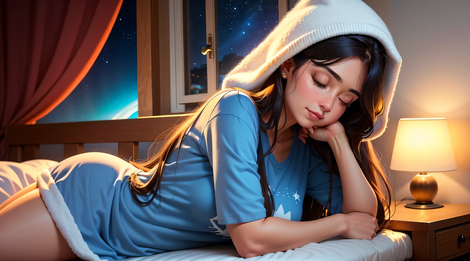 Imagine um suave, comforting illustration of a cute girl was sleeping in a comfortable bed, Olhos fechados, camiseta azul. long flowing hair. Quarto escuro, except for the soft light emanating from a bedside lamp near the bed, That casts a warm glow on your peaceful face. Pela janela entreaberta, A noite estrelada se estende, lua cheia, creating a magical contrast between the peaceful interior and the mysterious outside world. As cortinas de luz movem-se ligeiramente com a brisa noturna, adicionando um toque de movimento a esta cena tranquila.