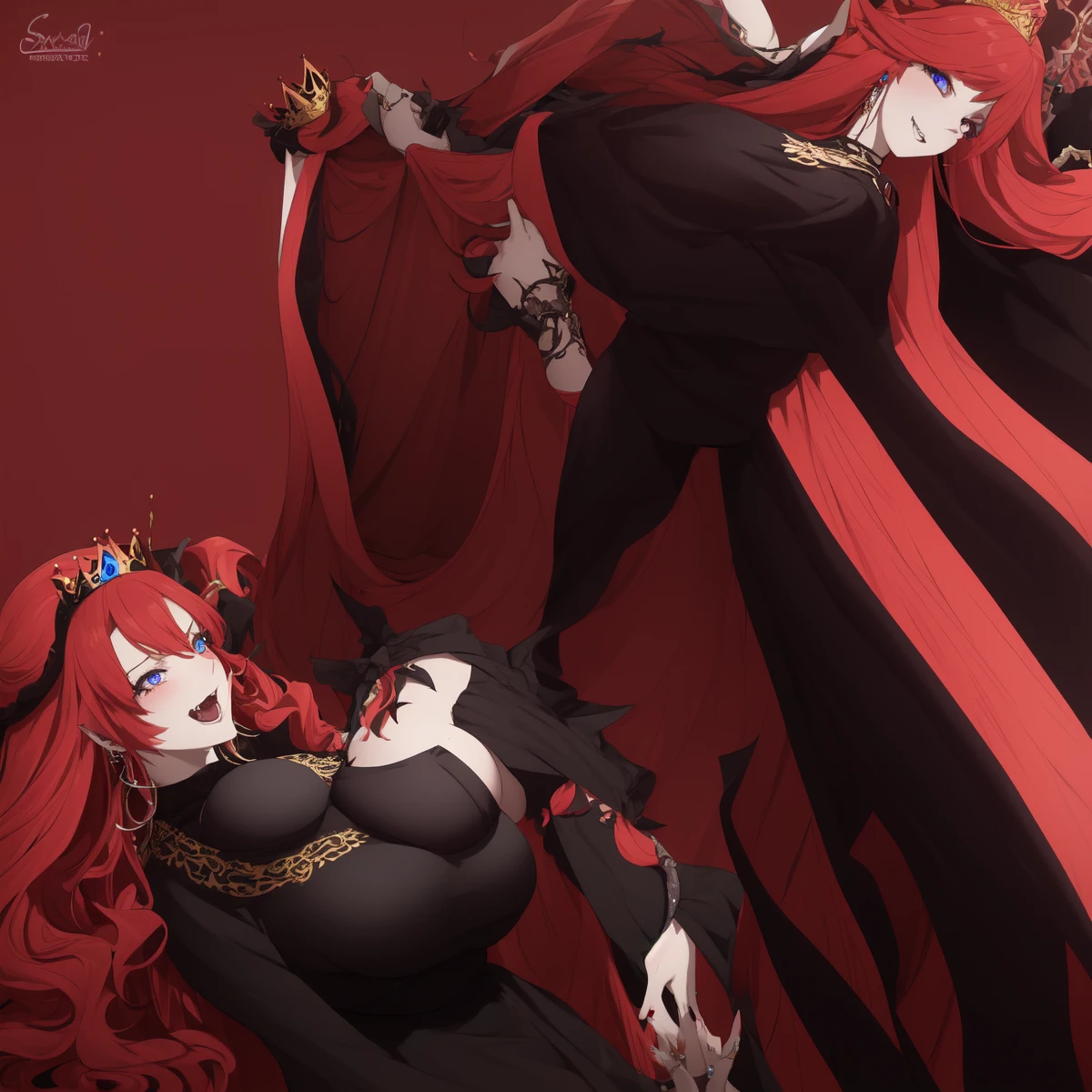 fullbody screencap of female villain. she has long curly red hair and blue eyes behind her is a fallen castle. Her outfit is that of a high priestess corrupted. her body is adorned with jewels,
,
High Resolution, Long Hair, Red Hair, , Curly Hair, Large breasts, Earrings, Crystal Earrings, Blush, Grin, Fangs, purple Jewelry, Crown, Anime, chubby, gothic dress