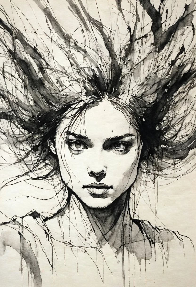 (best quality, high resolution, masterpiece:1.2), Super detailed, actual:1.37, black ink sketch, smooth lines, Expressive facial expressions and gestures, simple background, Emphasis on light, shadow and spatial perception, Abundant negative space, young girl.