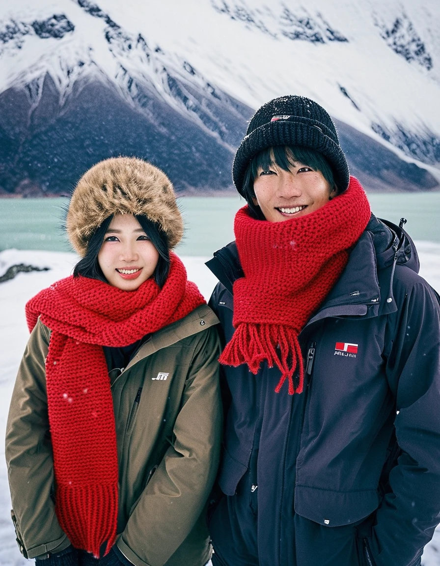 a Thai man and a Japanese woman standing, fair_skin, an 18-year-old couple, knitted red scarf, a furry hat,wearing a dark woolen windbreaker,smile,(snowing:1.2),looking directly at the camera,filmed by fujiXT-4,aurora,the background is a glacier,highlighting key points,detailed eyes,