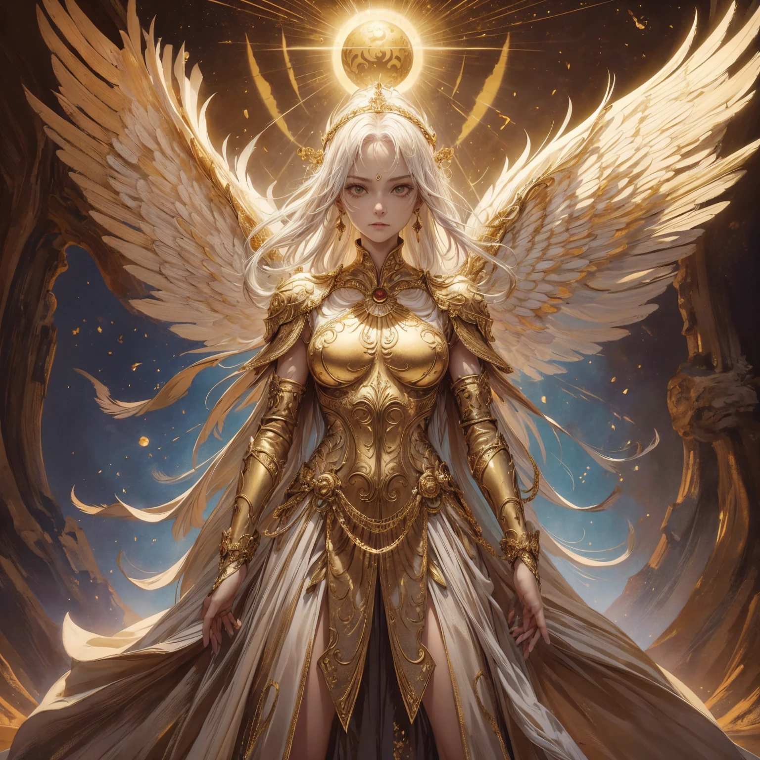 Art of Woman Wearing Sun Crown, Wearing a gorgeous golden breastplate that exposes a small amount of skin above the chest, Wearing a gorgeous golden dress, A pair of giant angel wings taller than the body spread out behind the woman., ancient goddess art, Sacredness. Very detailed, Mysterious inspiration, Inspiration from the Sun God, Religious inspiration, A divine background, Cold and snobbish face, Dangerous expressions, White hair, Standing pose floating in the air, One of the hands holds a brilliant sphere as bright as the sun., Full body portrait, Gothic art style, Weird art style, Occult art