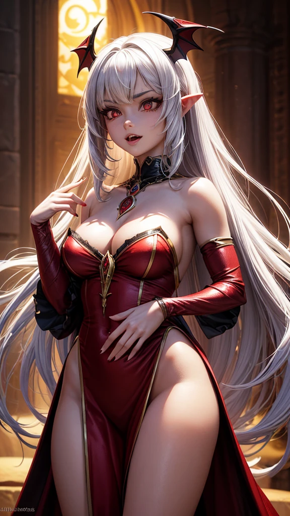 Create a hyper-realistic 3D image of a beautiful vampire woman with white eyes ,cabello rojo en trensas great , long golden tips ,sexy vampire costume medieval transylvania the dress everything is deep red , pointed fangs , tatuajes great y espectaculares , she is beautiful , miradas sensuales with all its ornaments , give me dynamic poses , great , with all its ornaments , mysterious environment in its spectacular sarcophagus the environment is nocturnal , the image must be perfectly detailed, applies HDMI technologies, 1200 dpi and full definition