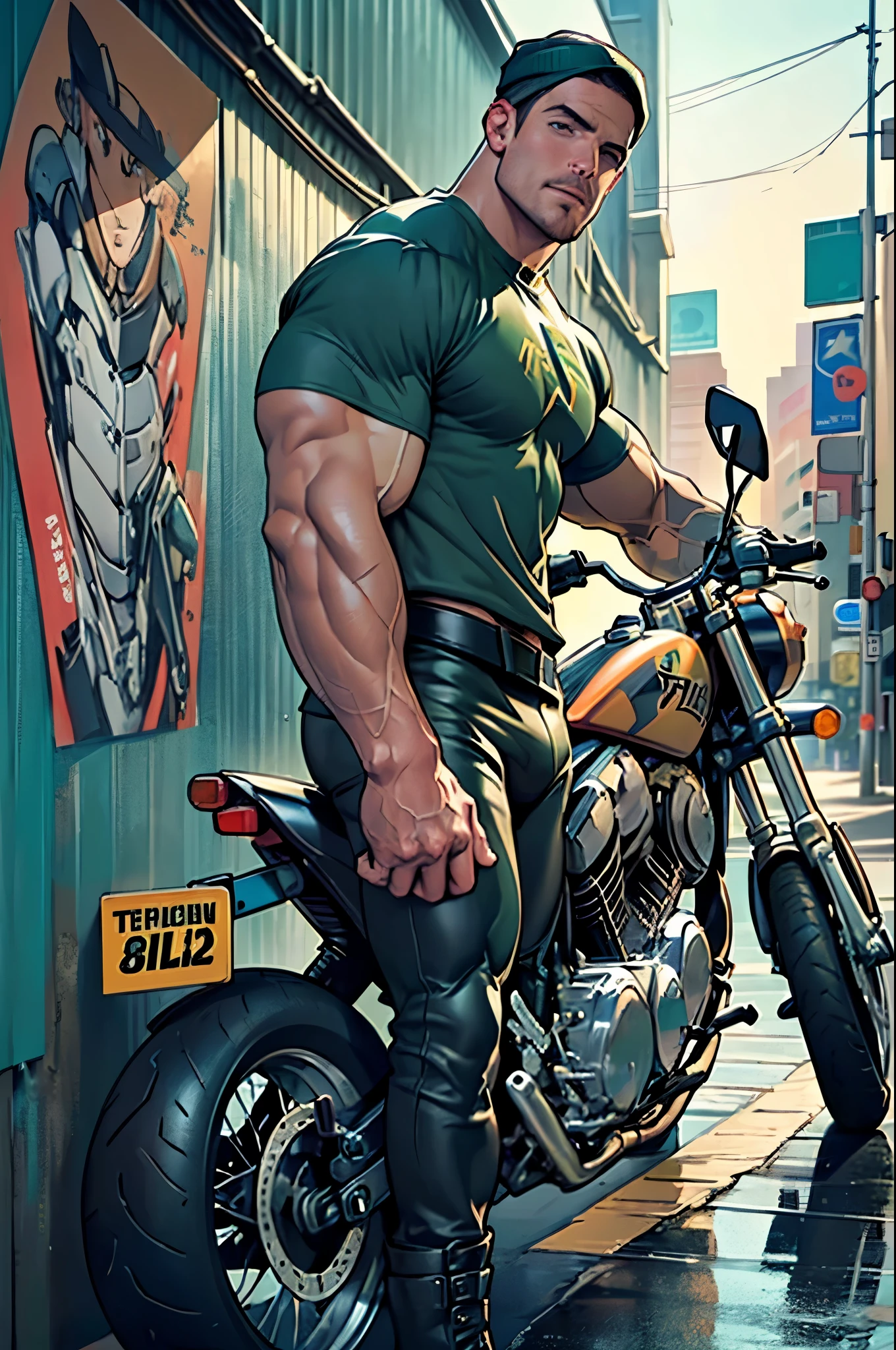 32k, high quality , detailed face , detailed hands , detailed muscles detailed motorcycle , (((Stephen AMELL))) standing near his (((motorcycle 1.2))), posing in a street ,standing with spread legs, showing his muscles, shirtless wearing a very very low dark green pants with brown belt,SHIRTLESS , background brick wall with men health posters