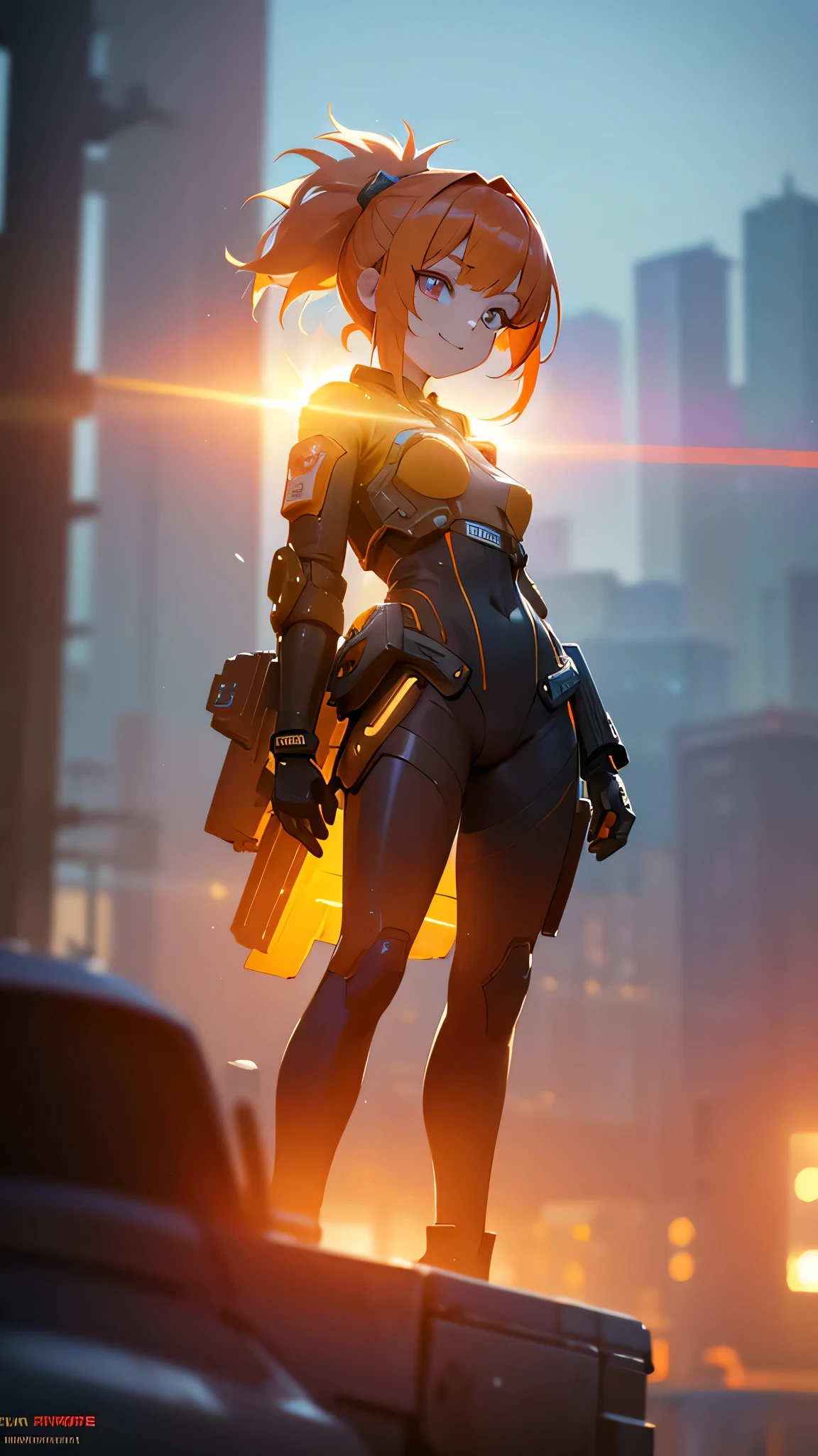 a cyberpunk girl with orange hair in a princess cut, bathed in sunlight, mechanical equipment like the sun, brightly smiling, neon, (best quality,4k,8k,highres,masterpiece:1.2),ultra-detailed,(realistic,photorealistic,photo-realistic:1.37),HDR,UHD,studio lighting,ultra-fine painting,sharp focus,physically-based rendering,extreme detail description,professional,vivid colors,bokeh,portraits,concept artists,warm colors,dramatic lighting,a very cute and beautiful chibi anime girl, simple flat background, full body, standing, highly detailed face and eyes, clearly outlined, solo