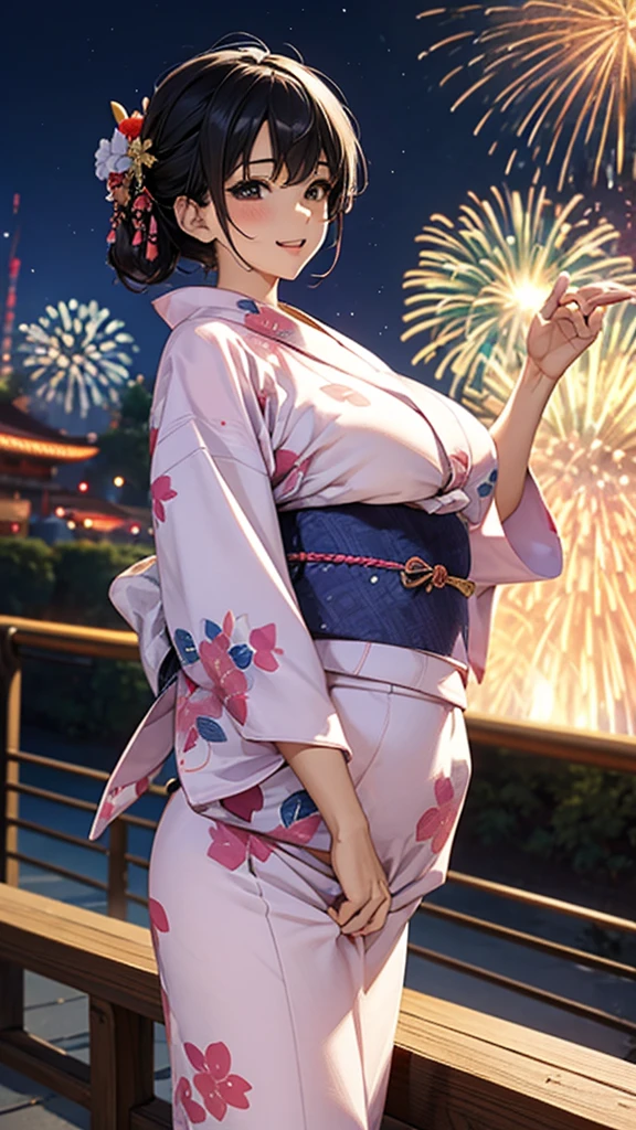 30 years old、Adult Woman、night、festival、Fireworks display、A happy look、、Large Breasts、yukata、tits 、tits (((Appeal to the valley))),Nearby bystanders、Please change the angle randomly.、