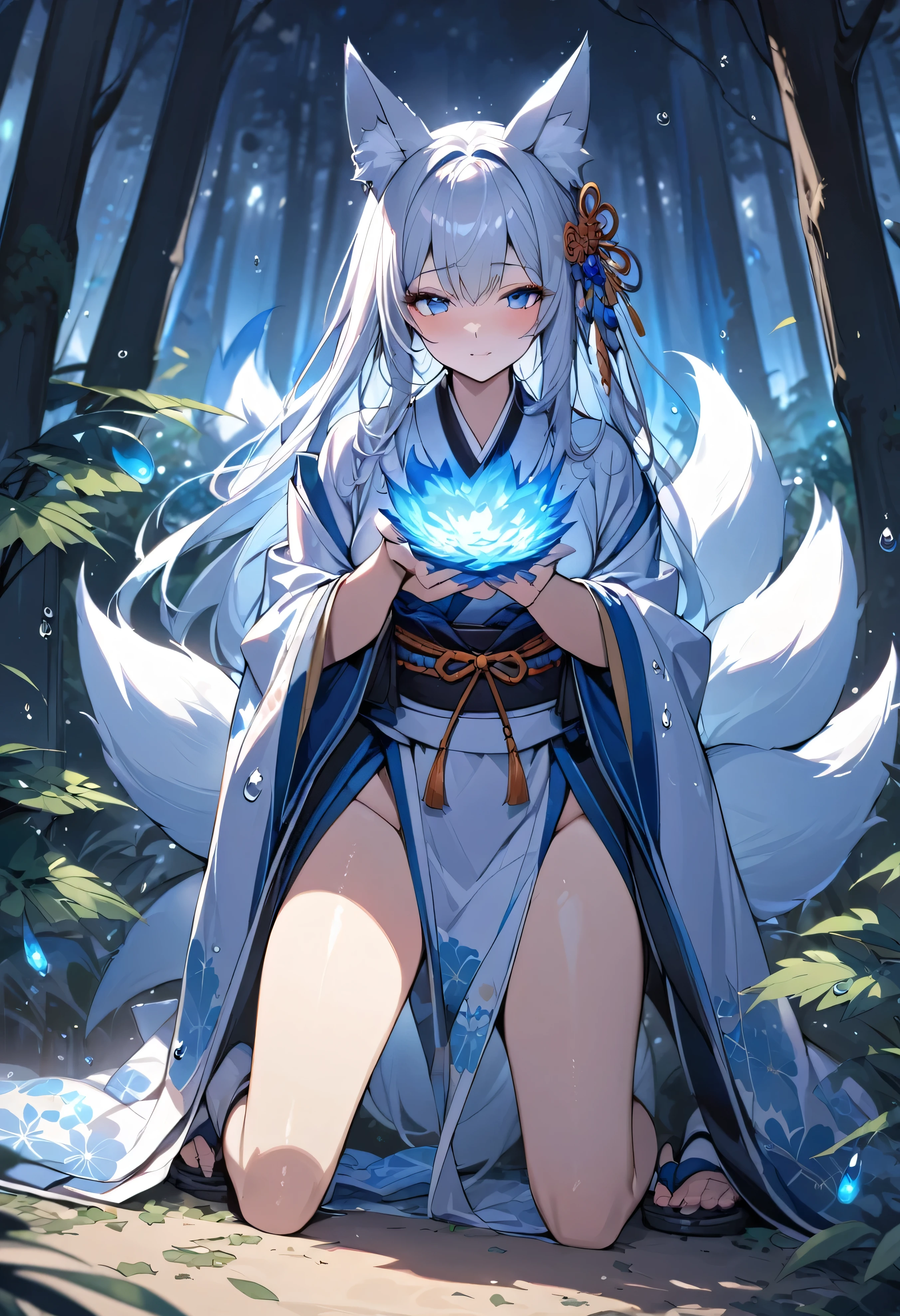 Masterpiece, Extremely detailed, beautiful, perfect face e, close distance shot, (A beautiful kitsune woman peering through the leaves in a dense forest) , {she is surrounded by motes of blue fire}, facing viewer, (dynamic pose) , fox ears, nine fox tails, traditional Japanese clothing. Japanese sandels, ((vegetation in the forground, water droplets on leaves, subject partially obscured by vegetation)) , ((moonlit night))