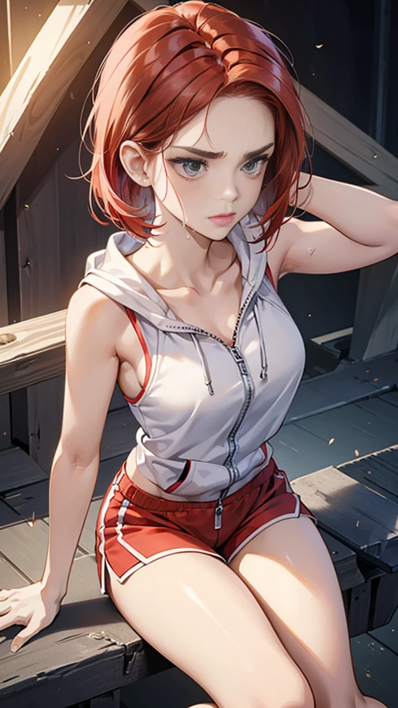 {{Dynamic configuration}},{{masterpiece}}, {{{Highest quality}}},{{Very detailed}},{{Reddening with anger}},{{V-shaped eyebrows}},{{shape}},{{expensive}},{{Adult woman sweating with fatigue}},{{Flared Shorts}},{{White sleeveless zip hoodie with an open neckline}} Red Hair Bob Small breasts expensive The body is slim Thin legs Grass playground clavicle Décolletage Wristband Forward bendingみ Forward bending Preparing for exercise