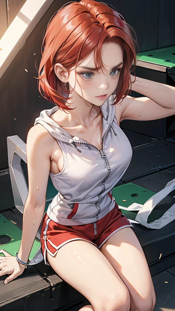 {{Dynamic configuration}},{{masterpiece}}, {{{Highest quality}}},{{Very detailed}},{{Reddening with anger}},{{V-shaped eyebrows}},{{shape}},{{expensive}},{{Adult woman sweating with fatigue}},{{Flared Shorts}},{{White sleeveless zip hoodie with an open neckline}} Red Hair Bob Small breasts expensive The body is slim Thin legs Grass playground clavicle Décolletage Wristband Forward bendingみ Forward bending Preparing for exercise
