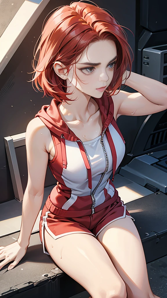 {{Dynamic configuration}},{{masterpiece}}, {{{Highest quality}}},{{Very detailed}},{{Reddening with anger}},{{V-shaped eyebrows}},{{shape}},{{expensive}},{{Adult woman sweating with fatigue}},{{Flared Shorts}},{{White sleeveless zip hoodie with an open neckline}} Red Hair Bob Small breasts expensive The body is slim Thin legs Grass playground clavicle Décolletage Wristband Forward bendingみ Forward bending Preparing for exercise