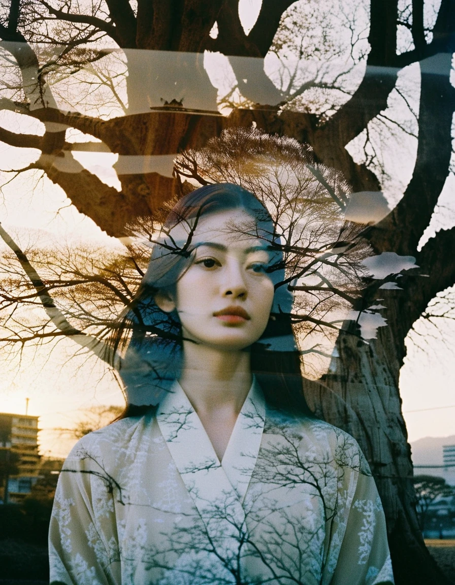 A double exposure film portrait showcasing a young Japanese woman, (Anne Hathaway look like: 0.6),with a contemplative expression superimposed with the intricate details of an ancient tree. The blend of human emotion and natural elements on film creates a poetic and surreal visual narrative.,sunset,