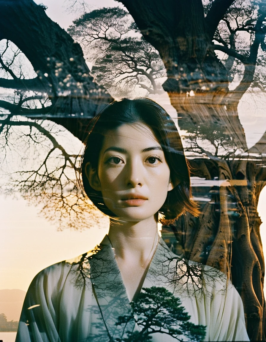 A double exposure film portrait showcasing a young Japanese woman, (Anne Hathaway look like: 0.6),with a contemplative expression superimposed with the intricate details of an ancient tree. The blend of human emotion and natural elements on film creates a poetic and surreal visual narrative.,sunset,