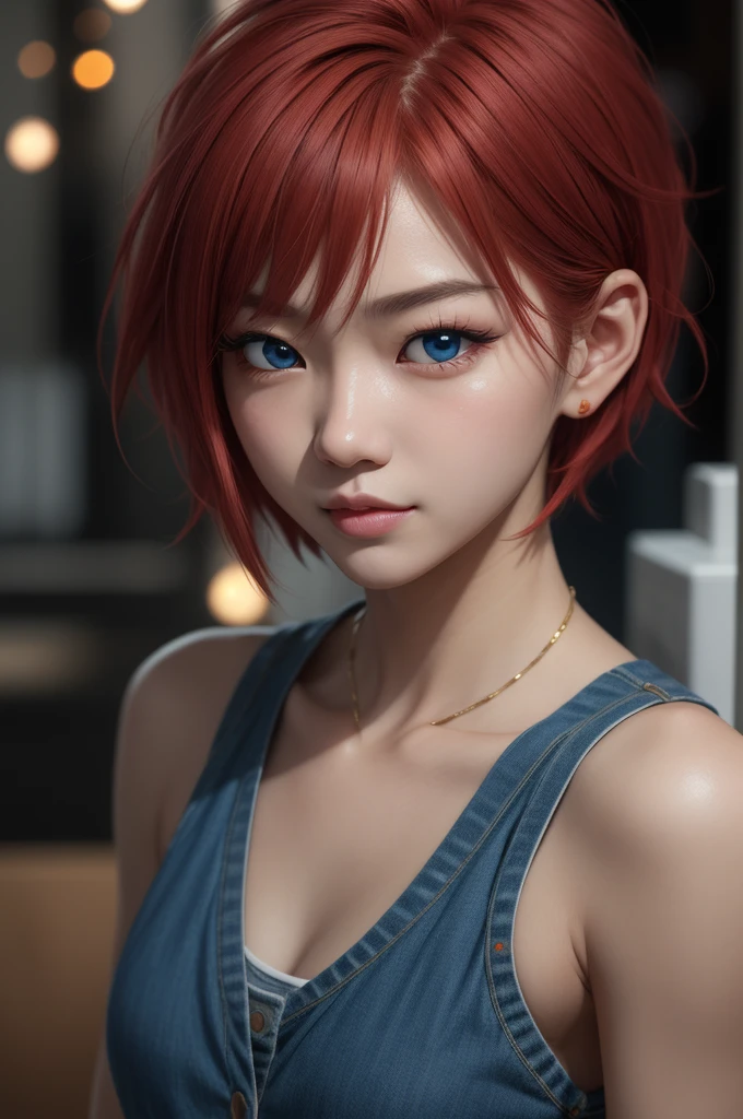 Light particles, soft lighting, volumetric lighting,
1girl, single,
red hair, short hair,
Blue eyes, long eyelashes, thick eyelashes, looking at the scenes, มนุษย์ดัดแปลงหมายเลข18, การ์ตูนเรื่องดาร์ก้อนบอล, dragon ball Z,