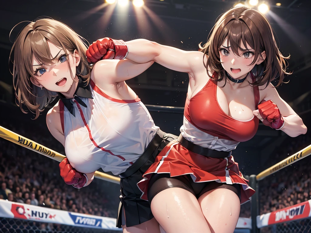 beautiful woman vs male opponent, woman superiority, office lady, tight skirt, light brown hair, boxing globe, punch attack to male opponent, sweat, smirk, open mouth, POV, at wrestling ring, spotlight
